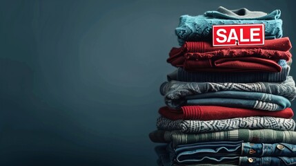 A stack of neatly folded clothes with "SALE" signs placed on top, against a solid background.