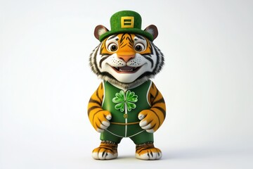 Tiger dressed for Saint Patrick's, playful grin, clover hat, white.