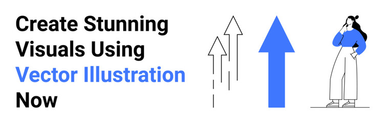 Upward blue arrow with monochrome rising arrows and a woman thinking. Ideal for creativity, design, growth, success, strategy, marketing campaigns, flat landing page banner
