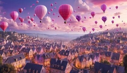 A Whimsical Fairytale Town Bathed In The Soft Glow Of A Romantic Sunset, A Breathtaking Spectacle Of Countless Pink Hot Air Balloons Dancing In The Sky Above, Creating A Magical, Dreamy Atmosphere