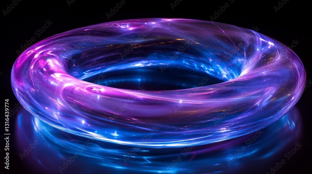 Poster a vibrant circular structure glows with swirling shades of purple and blue, casting a radiant light 