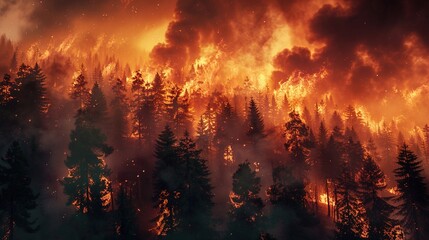 A vibrant image of a forest fire with intense flames and smoke billowing into the sky.
