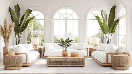 Serene Rattan Living Room: 3D Render of a Sunlit Interior Design AI Generated