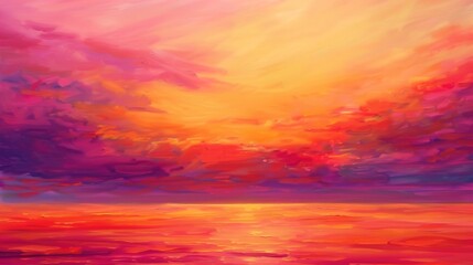 A vibrant painting of a sunset with rich hues of orange and pink, against a solid background.
