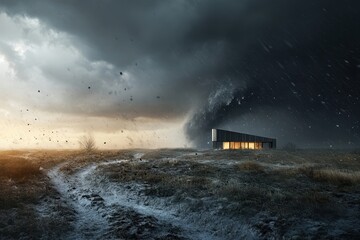 Dramatic storm with dark clouds approaching a modern house in a rural landscape