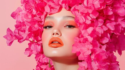 Closeup face of woman with pink petals, flower wreath 