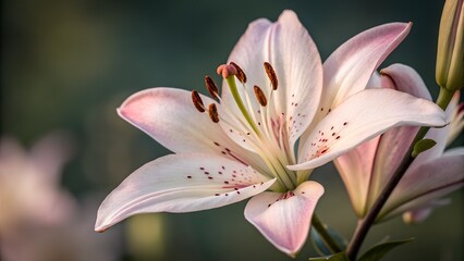 Lily in Bloom: A delicate white lily with pink speckles bursts into full bloom, showcasing its elegant petals and vibrant yellow stamens against a soft, green background.