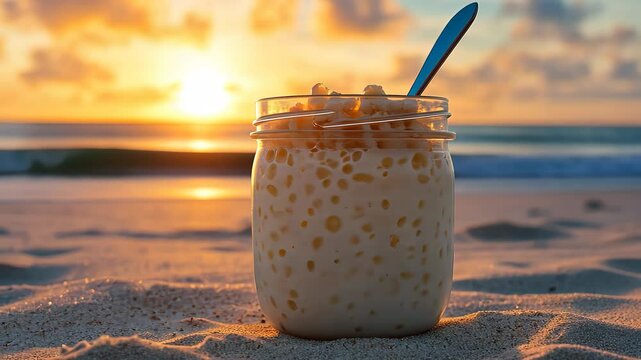 Savoring tapioca pudding by the shore as the sun sets over the beach, Glass jar of tapioca pudding with spoon on sandy beach at sunrise