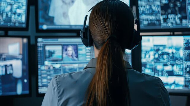 Female surveillance officer monitors multiple screens in a control room during a late night shift, Female surveillance officer watching the screens in observation control room