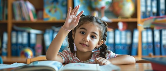Enthusiastic young girl raising her hand in a bright classroom, showcasing active learning and curiosity for a modern elementary school education experience