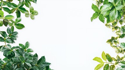 Lush Green Leaves Border on White Background