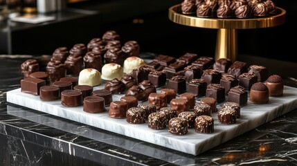 A sleek, polished marble table, adorned with an exquisite array of delectable chocolates, each a testament to the art of confectionery, exuding an aura of luxury and refined taste.