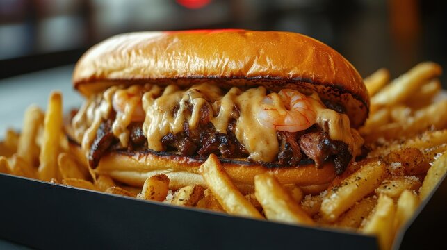 A symphony of textures and flavors, a mutant hybrid culinary masterpiece, a vantablack takeaway box concealing a unique and unsettling symbiosis: a Oxtail shrimp cheesesteak sandwich nestled amongst