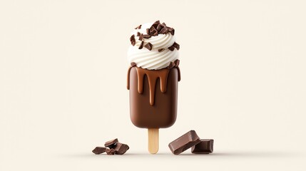 Delicious Chocolate Ice Cream Bar with Whipped Cream and Chocolate Chips, Sweet Dessert Treat Concept