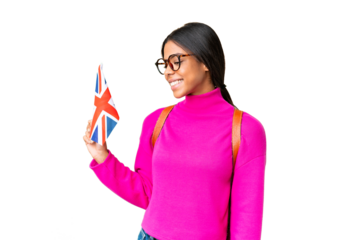 Young African American woman holding an United Kingdom flag over isolated chroma key background looking to the side and smiling