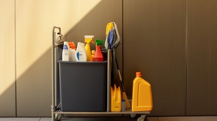 Neatly Organized Hotel Housekeeping Cart with Cleaning Essentials