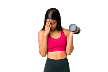 Young African American woman sport woman making weightlifting over isolated chroma key background with tired and sick expression