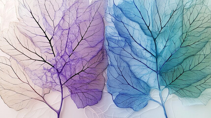 Translucent leaf skeletons in pastel colors create a delicate and ethereal aesthetic