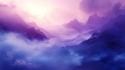 Obraz premium Vibrant hues of purple and pink blend in the twilight sky, casting a magical aura over rugged mountain peaks. Mist drapes the serene valleys below, creating a mystical atmosphere