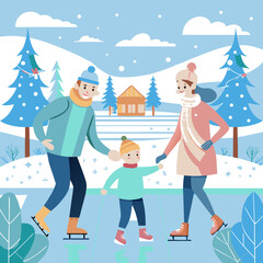 Fototapeta premium Families enjoying a lovely day on ice skates in a snowy landscape