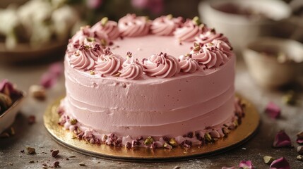 A rose-kissed pistachio cake, adorned with a shimmering golden cake board, stood as a testament to the artistry of baking, its delicate pink hue and nutty aroma inviting indulgence.