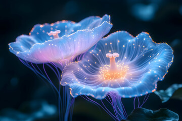 Obraz premium Enchanting luminous flora with bioluminescent petals in deep sea ambience