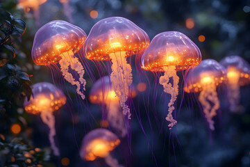 Fototapeta premium Enchanting Luminous Jellyfish Lanterns Floating in an Indigo Night