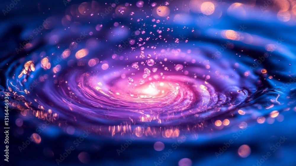 Poster droplets of water burst upward, illuminated by shimmering light in a vivid swirl of deep purples and