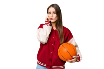Young beautiful woman playing basketball over isolated chroma key background thinking an idea