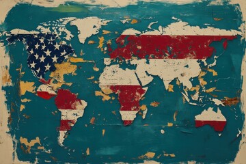A painted world map features flags over different countries and regions