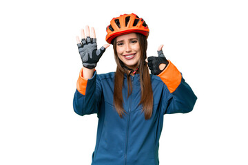 Young cyclist woman over isolated chroma key background counting six with fingers