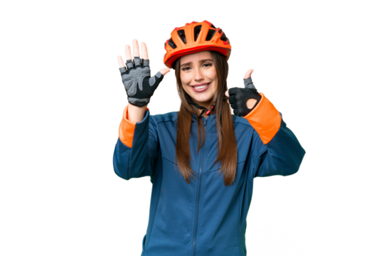 Young cyclist woman over isolated chroma key background counting six with fingers