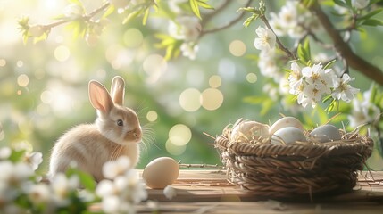Easter bunny looking at decorated eggs in a wicker basket under a blooming tree in a sunny spring garden