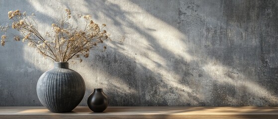 Vases with dried flowers against a concrete wall and sunlight, on wood