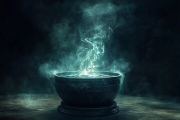 Cauldron boiling with dark smoke and flames in a mystical setting at night