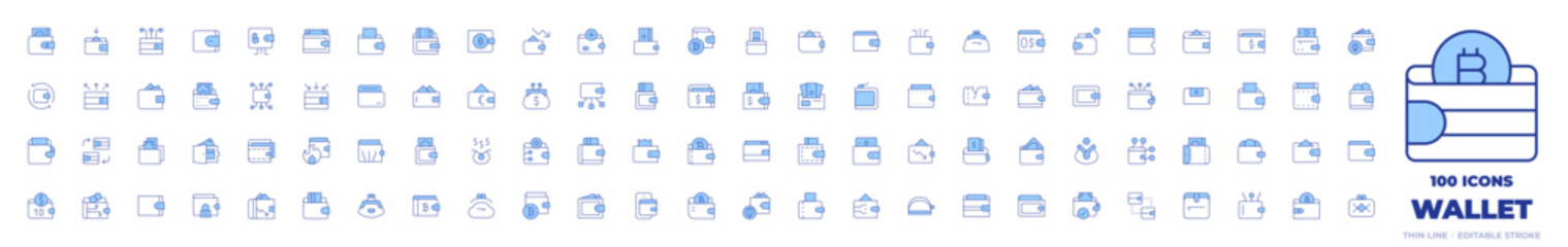 100 Wallet Icons Collection. Line Duotone style, editable stroke. expenses, income, pocket, purse, exchange, digital wallet, wallet, online wallet, top up, no money