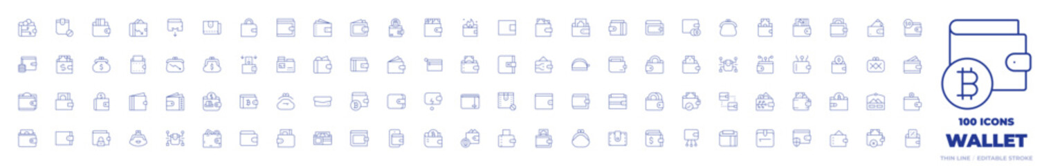 100 Wallet Icons Collection. Thin line icon. Editable stroke. exchange, purse, payment, wallet, digital wallet, poor, payment method, bitcoin wallet, banknote