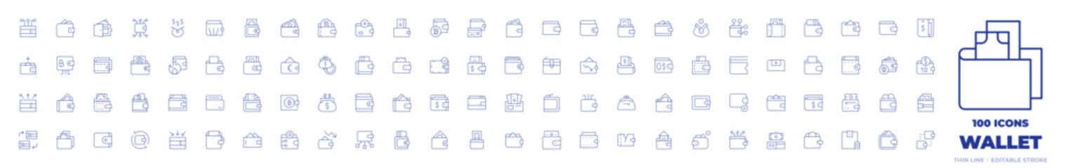 100 Wallet Icons Collection. Thin line icon. Editable stroke. expenses, income, money back, pocket, purse, cash, exchange, digital wallet, wallet, online wallet