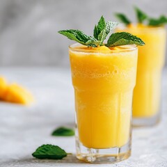 Fototapeta premium Refreshing Mango Smoothie with Mint Garnish in Glass Summer Drink