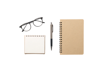 A beige and white spiral notebook, a black-rimmed eyeglass, and a sleek pen arranged aesthetically, representing an organized, intellectual workspace, isolated on a transparent background