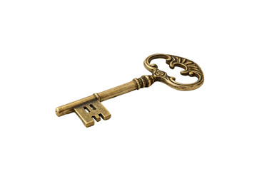 A brass skeleton key with a minimalist yet elegant design, symbolizing access, security, and ancient craftsmanship, isolated on a transparent background