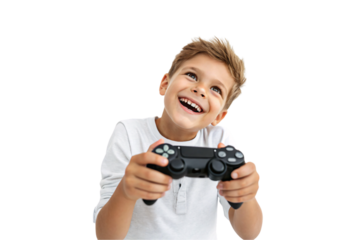 A cheerful boy with bright eyes and a wide smile gripping a gaming controller, radiating excitement and pure enjoyment in the midst of playing, isolated on a transparent background