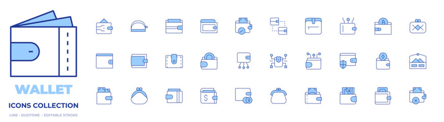 Wallet icons collection. Line Duotone style, editable stroke. purse, exchange, payment, wallet, crypto wallet, digital wallet, payment method