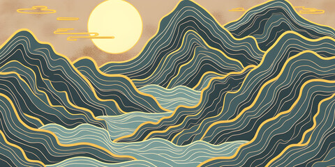 Chinese Abstract landscape, rolling hills, gold outlines, sun, clouds, muted colors