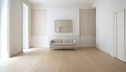 Fototapeta premium Minimalist light living room interior with sofa and mirror.