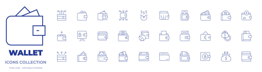 Wallet icons collection. Thin Line icons, editable stroke. expenses, money back, purse, digital wallet, wallet, online wallet, top up