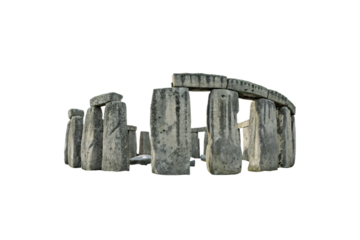 A digital rendering of Stonehenge, showing large upright stones with horizontal lintels. The perspective highlights the monument's weathered texture, isolated on a transparent background