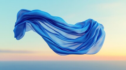Fototapeta premium Fluid blue fabric drapes against a soft sunset