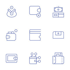 Wallet icons set. Thin Line style, editable stroke. cash, purse, wallet, no money, wallet passes app, digital wallet