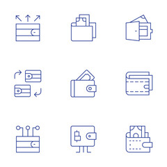 Wallet icons set. Thin Line style, editable stroke. expenses, exchange, digital wallet, wallet, online wallet